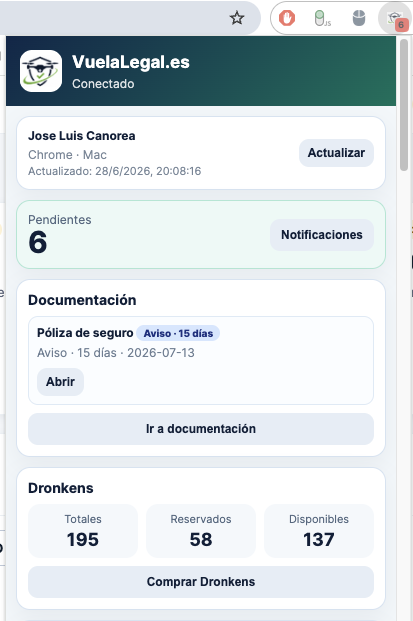 Pantalla principal de la extensión VuelaLegal.es con resumen de documentación y Dronkens