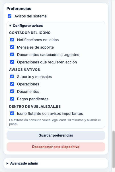 Pantalla de preferencias de avisos de la extensión VuelaLegal.es